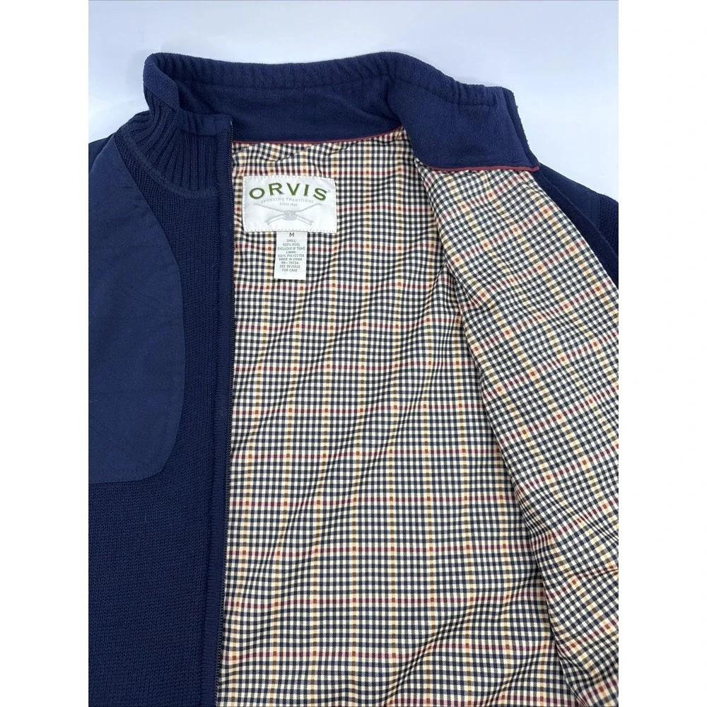 Orvis Men's Wool Sweater Jacket M Full Zip Plaid Lined Navy Shooting Patches